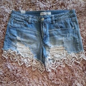 Almost Famous Light Blue Distressed Denim Shorts with Cream Lace Trim